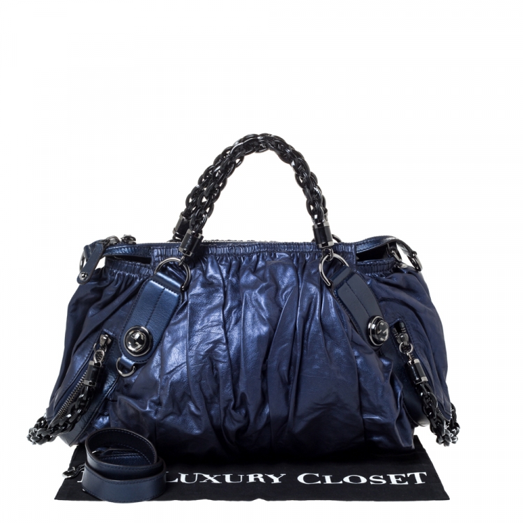 Pre Owned Gucci Metallic Midnight Blue Soft Leather Galaxy Satchel