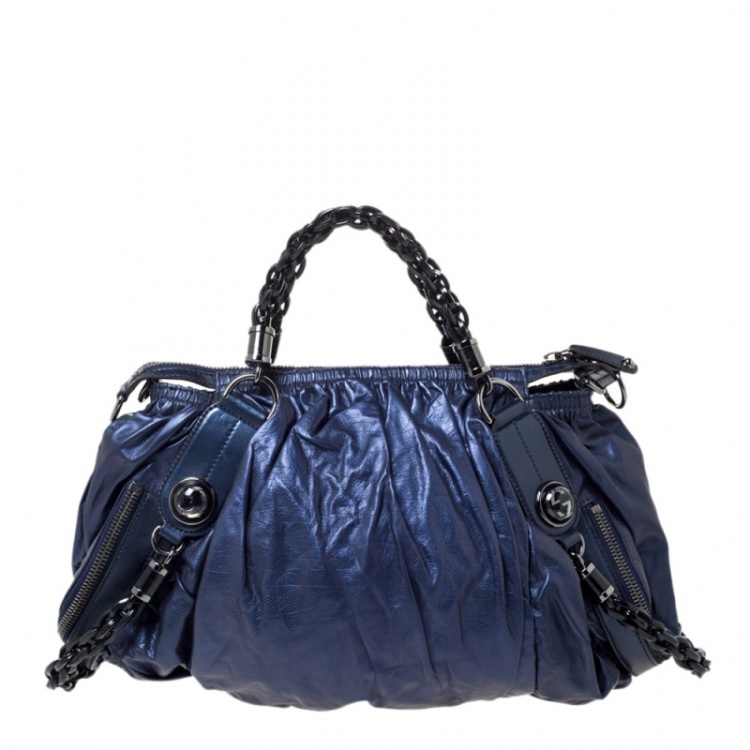 Pre Owned Gucci Metallic Midnight Blue Soft Leather Galaxy Satchel
