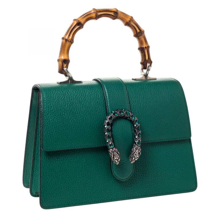 Pre Owned Gucci Green Leather Medium Dionysus Bamboo Top Handle Bag