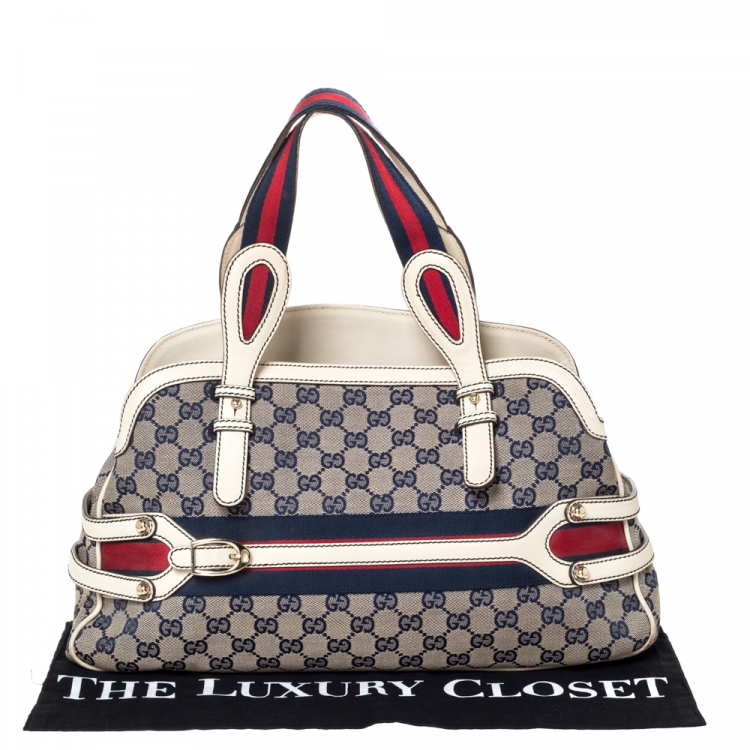 Pre Owned Gucci Beige/Blue GG Canvas and Leather Web Satchel