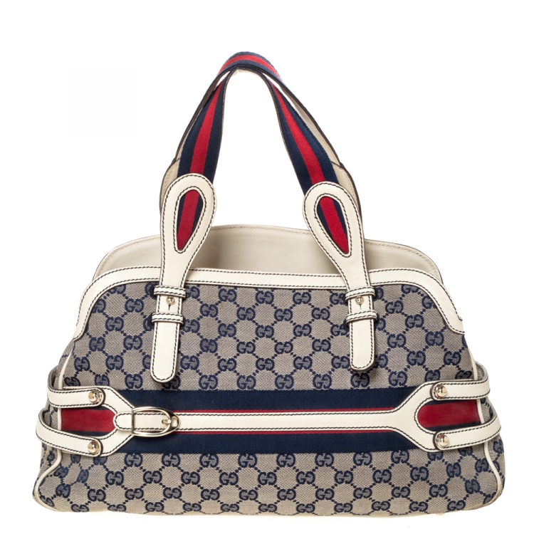Pre Owned Gucci Beige/Blue GG Canvas and Leather Web Satchel