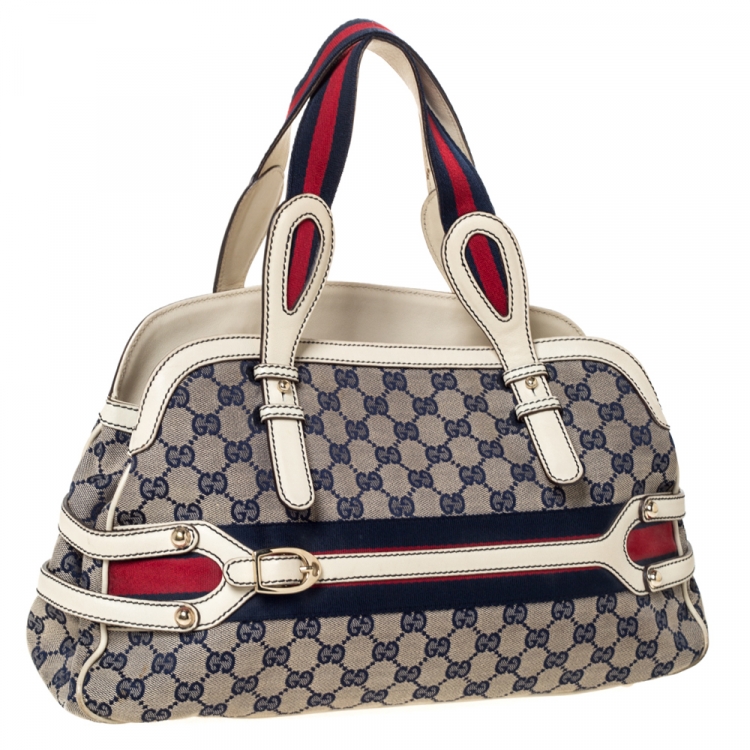 Pre Owned Gucci Beige/Blue GG Canvas and Leather Web Satchel