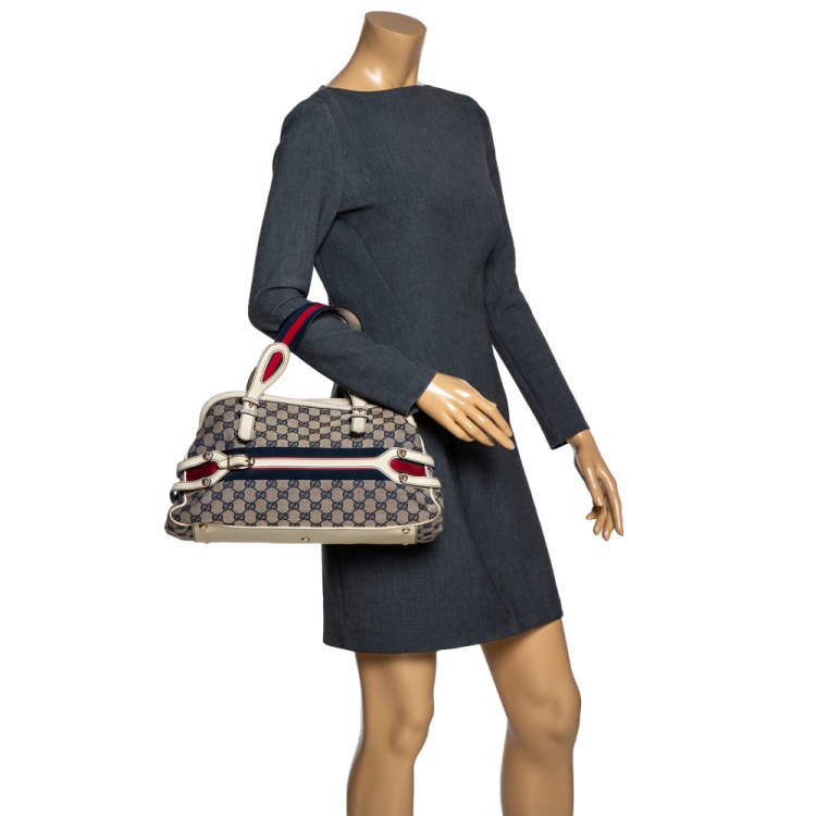 Pre Owned Gucci Beige/Blue GG Canvas and Leather Web Satchel
