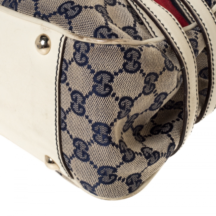 Pre Owned Gucci Beige/Blue GG Canvas and Leather Web Satchel