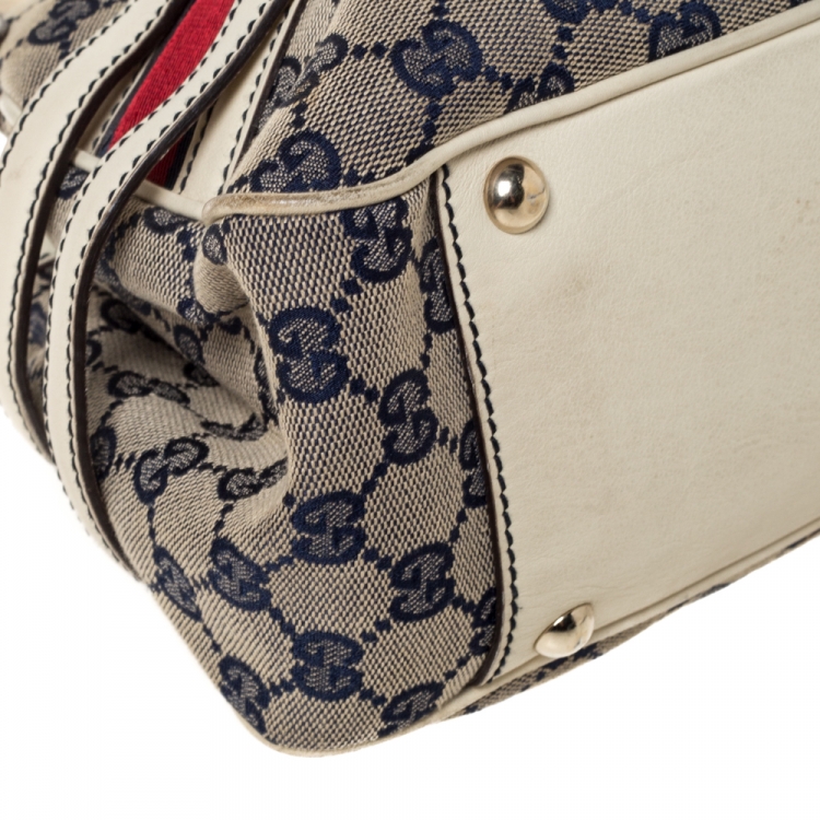 Pre Owned Gucci Beige/Blue GG Canvas and Leather Web Satchel