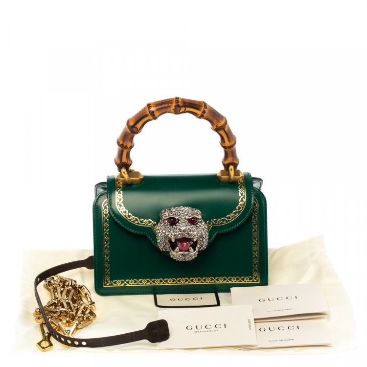 Pre Owned Gucci Green Leather Small Thiara Bamboo Top Handle Bag