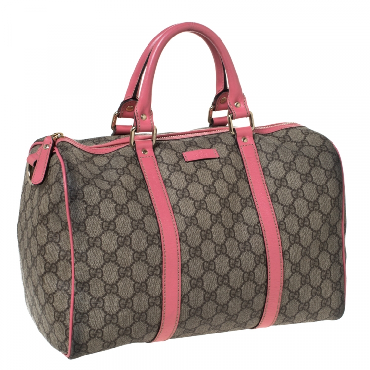 Pre Owned Gucci Pink/Beige GG Supreme Canvas and Leather Medium Joy Boston Bag