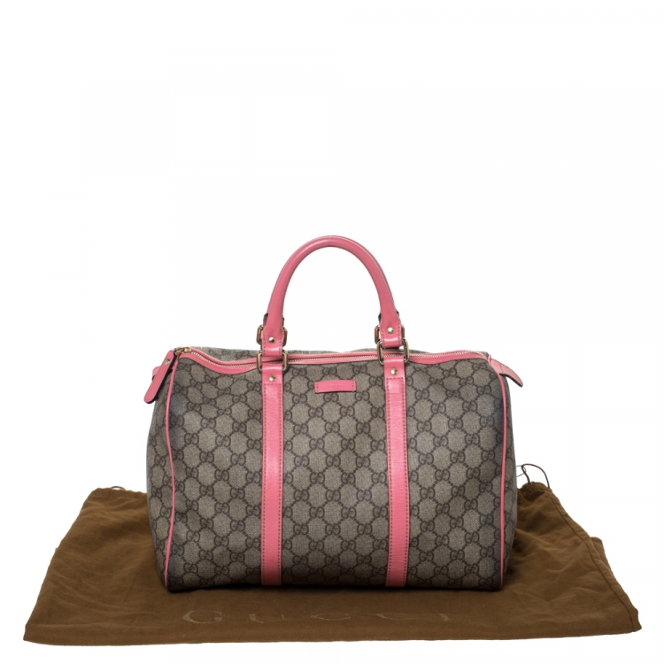 Pre Owned Gucci Pink/Beige GG Supreme Canvas and Leather Medium Joy Boston Bag