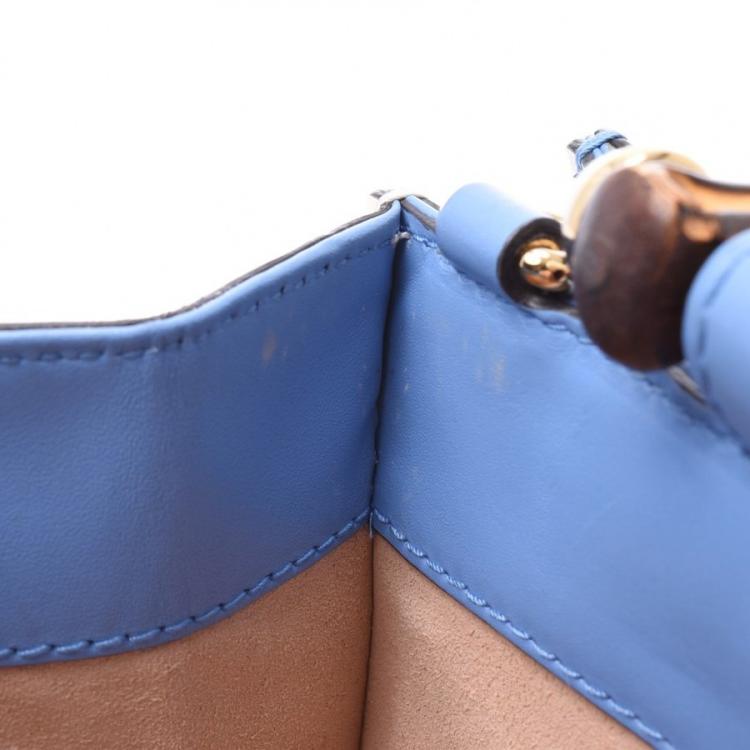 Pre Owned Gucci Blue Leather Mini Nymphaea Bamboo Top Handle Bag