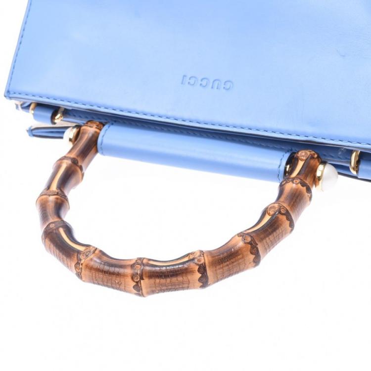 Pre Owned Gucci Blue Leather Mini Nymphaea Bamboo Top Handle Bag