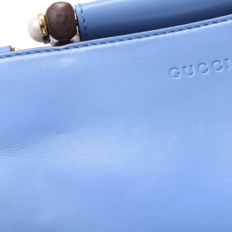 Pre Owned Gucci Blue Leather Mini Nymphaea Bamboo Top Handle Bag
