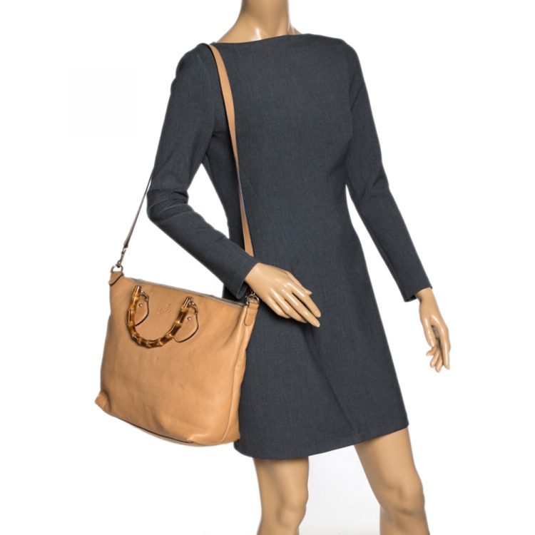 Pre Owned Gucci Light Brown Leather Bamboo Handle Shopper Tote