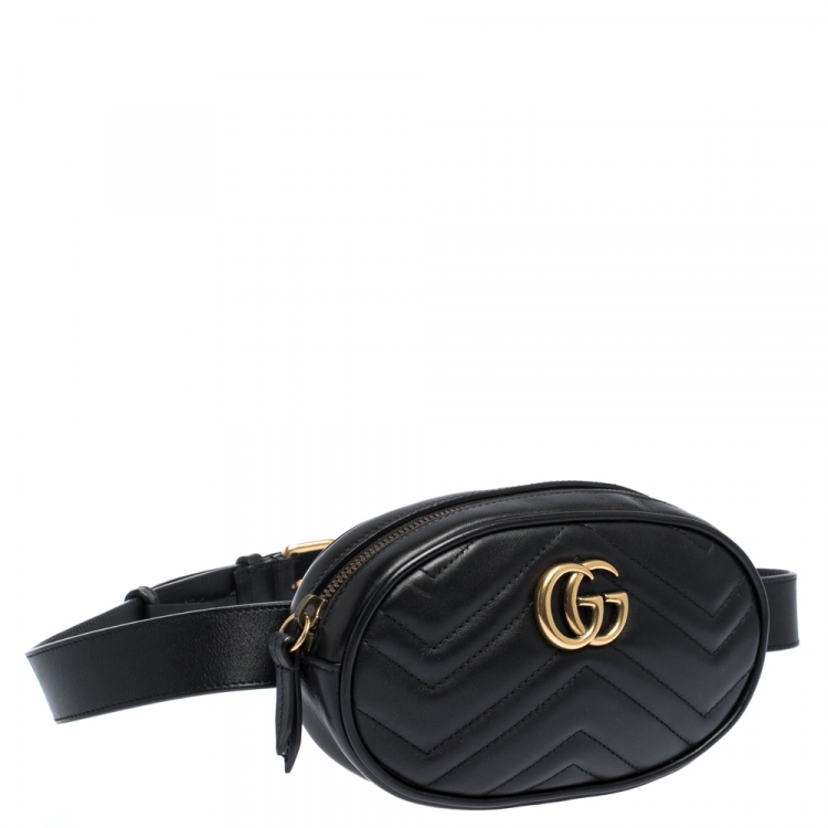 Pre Owned Gucci Black Matelasse Leather GG Marmont Belt Bag