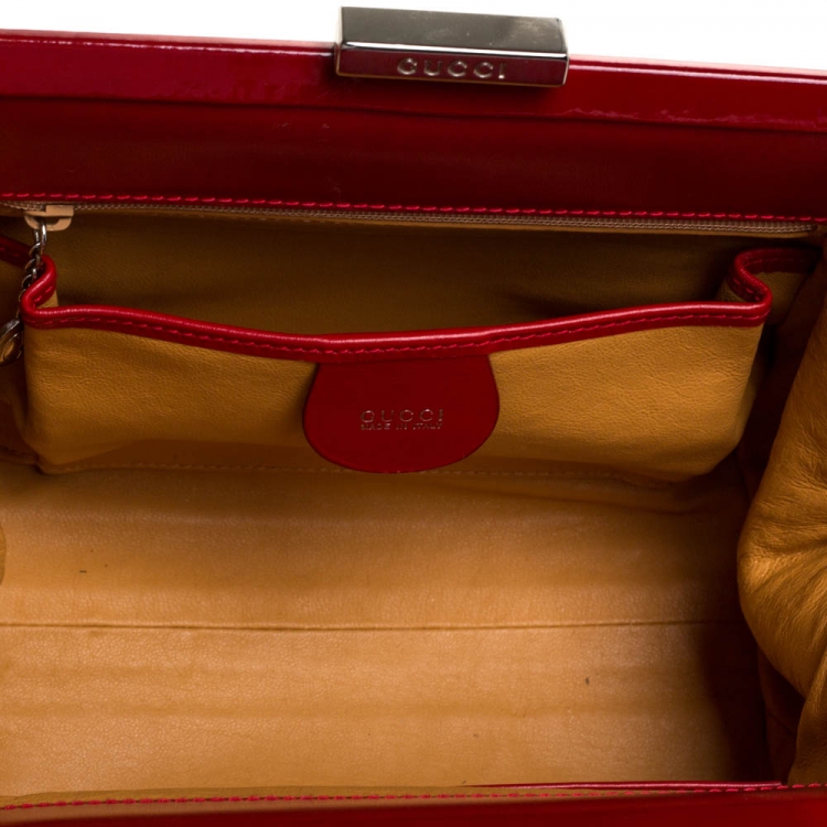 Pre Owned Gucci Red Patent Leather Frame Top Handle Bag