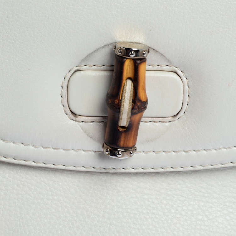 Pre Owned Gucci White Leather Large New Bamboo Tassel Top Handle Bag