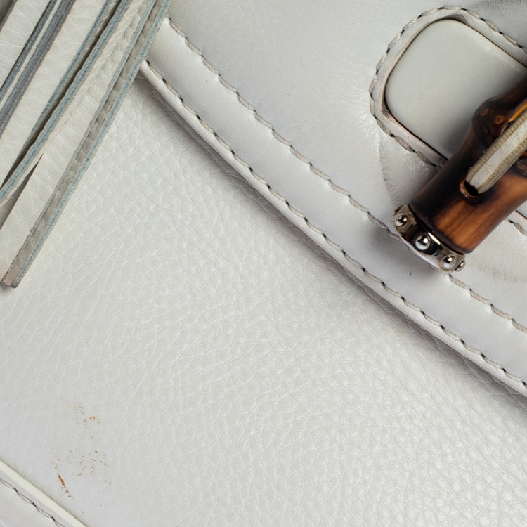 Pre Owned Gucci White Leather Large New Bamboo Tassel Top Handle Bag