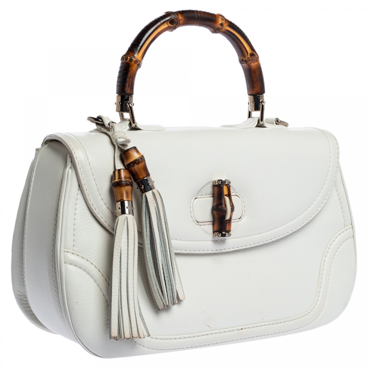 Pre Owned Gucci White Leather Large New Bamboo Tassel Top Handle Bag