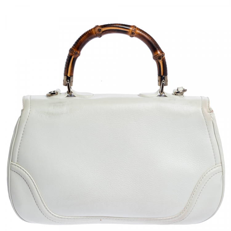 Pre Owned Gucci White Leather Large New Bamboo Tassel Top Handle Bag