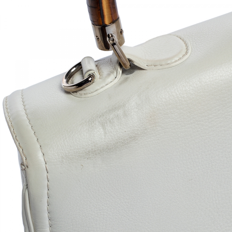Pre Owned Gucci White Leather Large New Bamboo Tassel Top Handle Bag