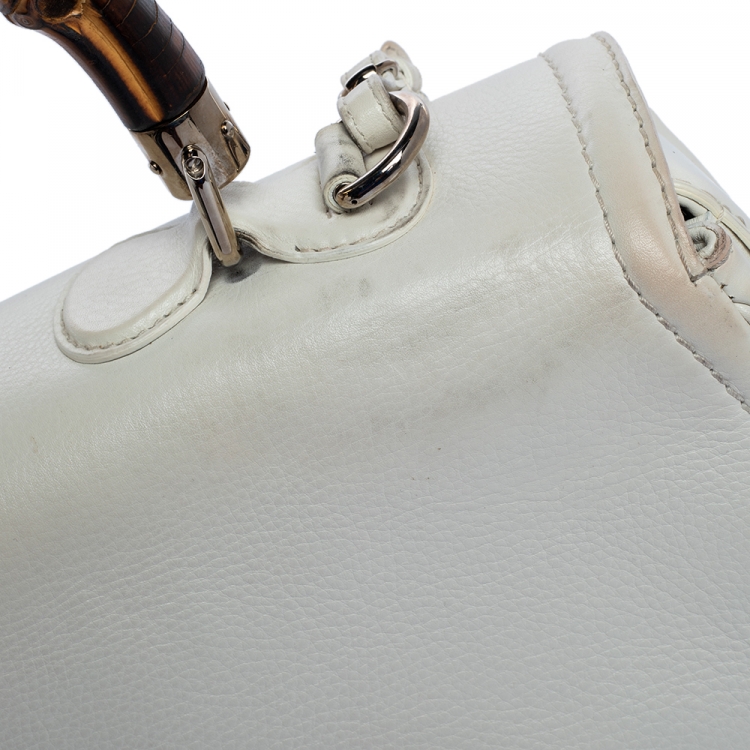 Pre Owned Gucci White Leather Large New Bamboo Tassel Top Handle Bag