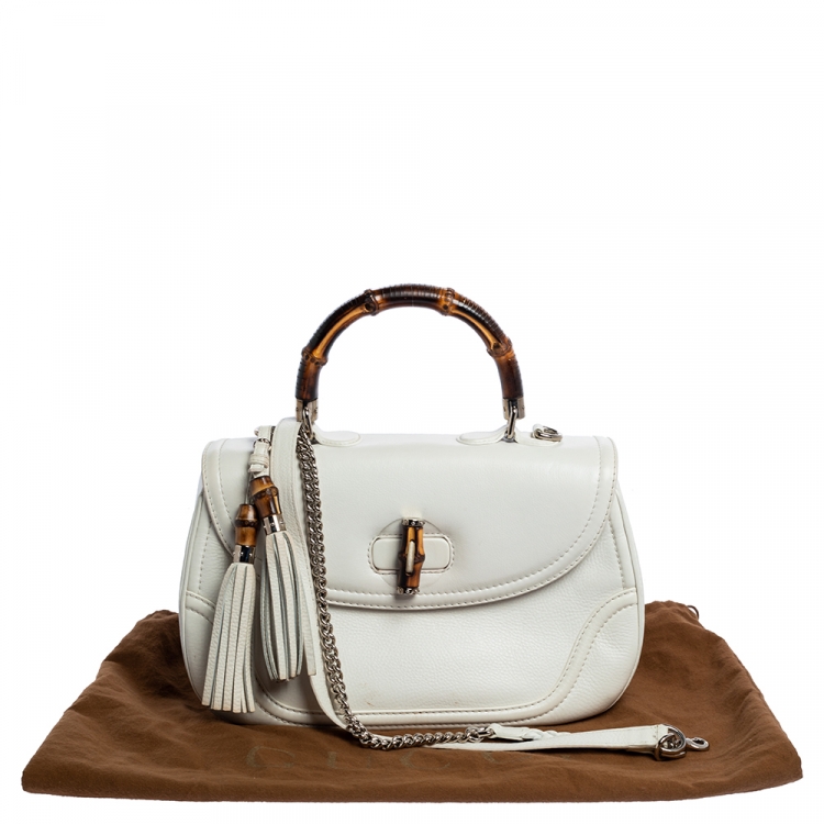 Pre Owned Gucci White Leather Large New Bamboo Tassel Top Handle Bag