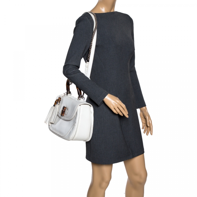 Pre Owned Gucci White Leather Large New Bamboo Tassel Top Handle Bag