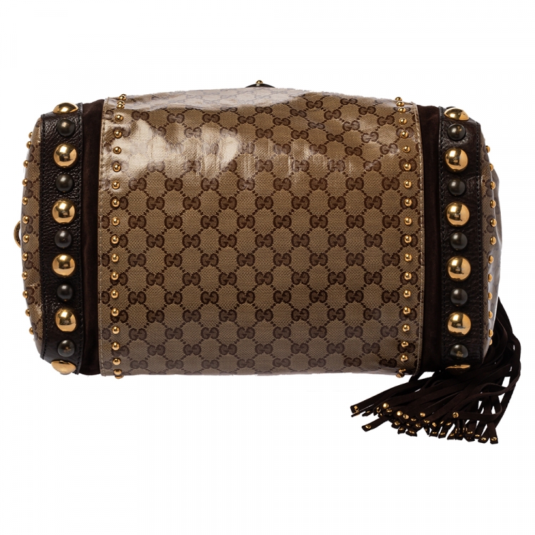 Pre Owned Gucci Beige GG Crystal Canvas and Leather Babouska Indy Boston Bag