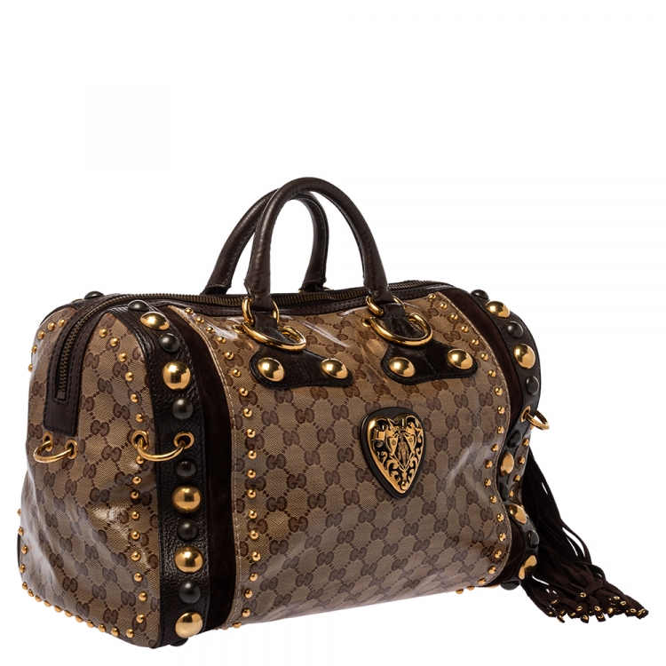 Pre Owned Gucci Beige GG Crystal Canvas and Leather Babouska Indy Boston Bag
