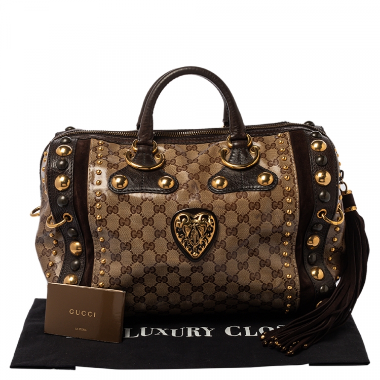 Pre Owned Gucci Beige GG Crystal Canvas and Leather Babouska Indy Boston Bag