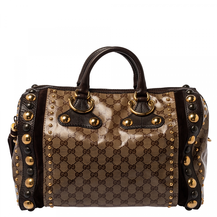 Pre Owned Gucci Beige GG Crystal Canvas and Leather Babouska Indy Boston Bag