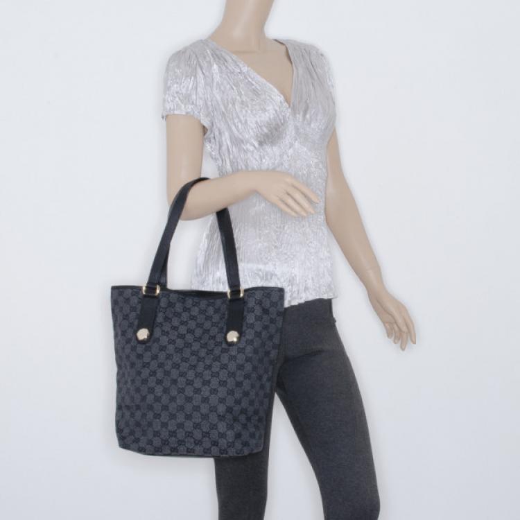 Gucci GG Denim Monogram Canvas Small Bucket Tote Handbag