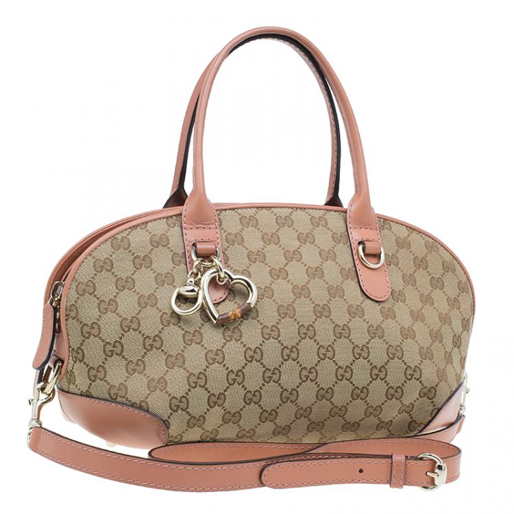 Pre Owned Gucci Beige Monogram Canvas Small Heart Bit Top Handle Bag