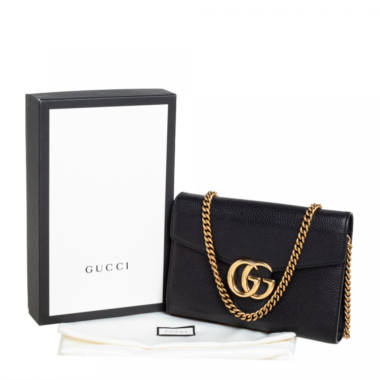 Pre Owned Gucci Black Leather GG Marmont Wallet on Chain