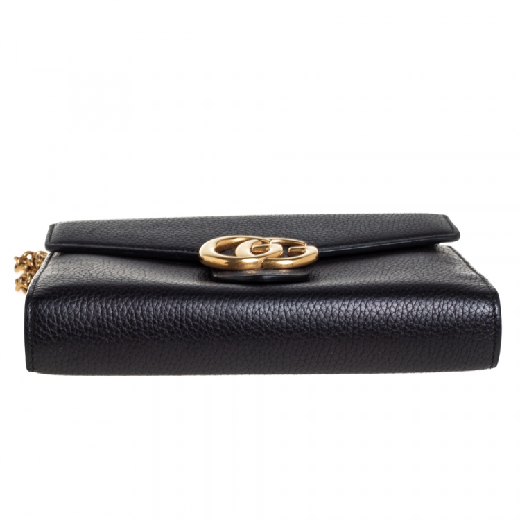 Pre Owned Gucci Black Leather GG Marmont Wallet on Chain