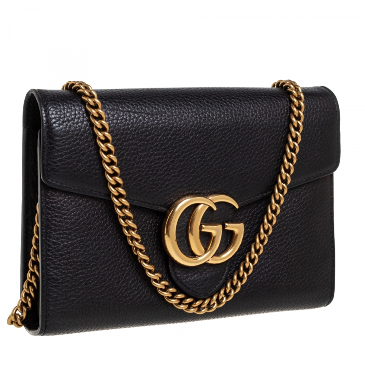 Pre Owned Gucci Black Leather GG Marmont Wallet on Chain