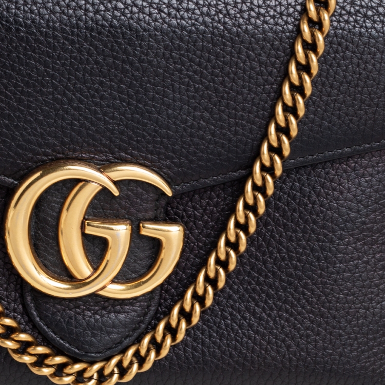 Pre Owned Gucci Black Leather GG Marmont Wallet on Chain