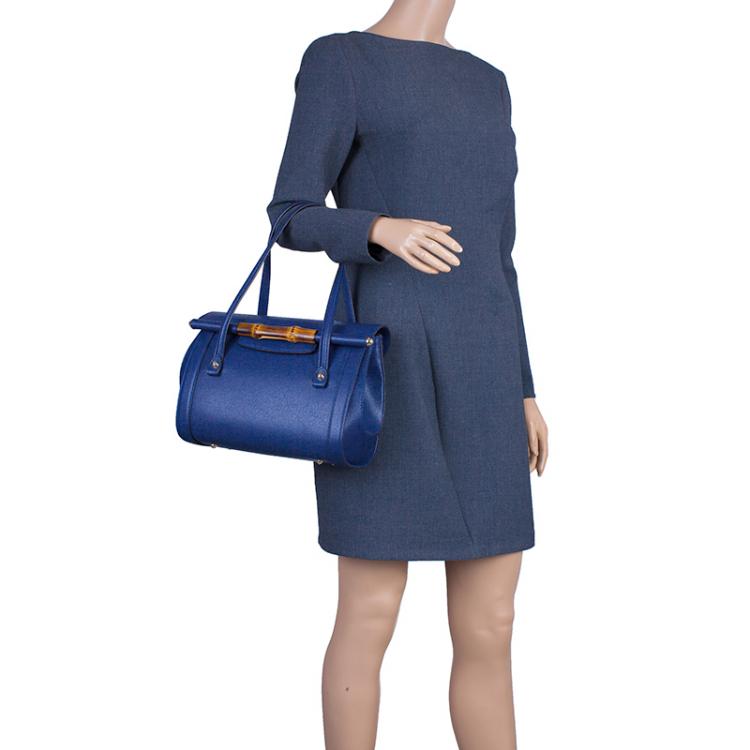 مملوكة مسبقًا Gucci Blue Leather Small Bamboo Top Handle Bag