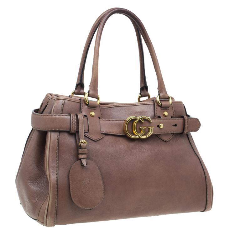 Pre Owned Gucci Brown Leather Medium GG Running Tote