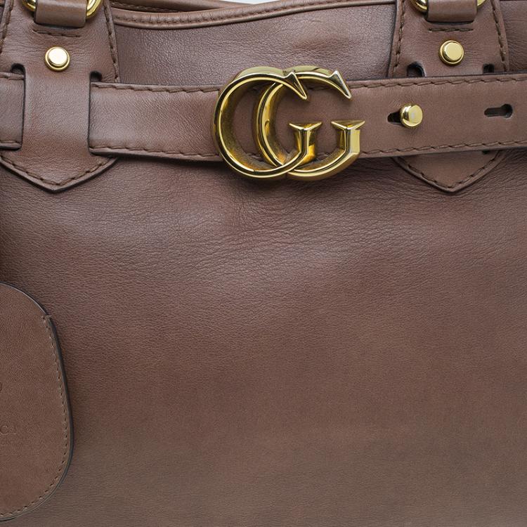 Pre Owned Gucci Brown Leather Medium GG Running Tote