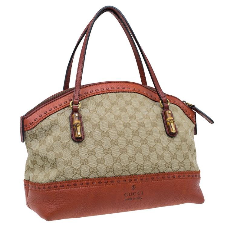 Pre Owned Gucci Beige/Orange GG Canvas and Leather Laidback Crafty Top Handle Bag