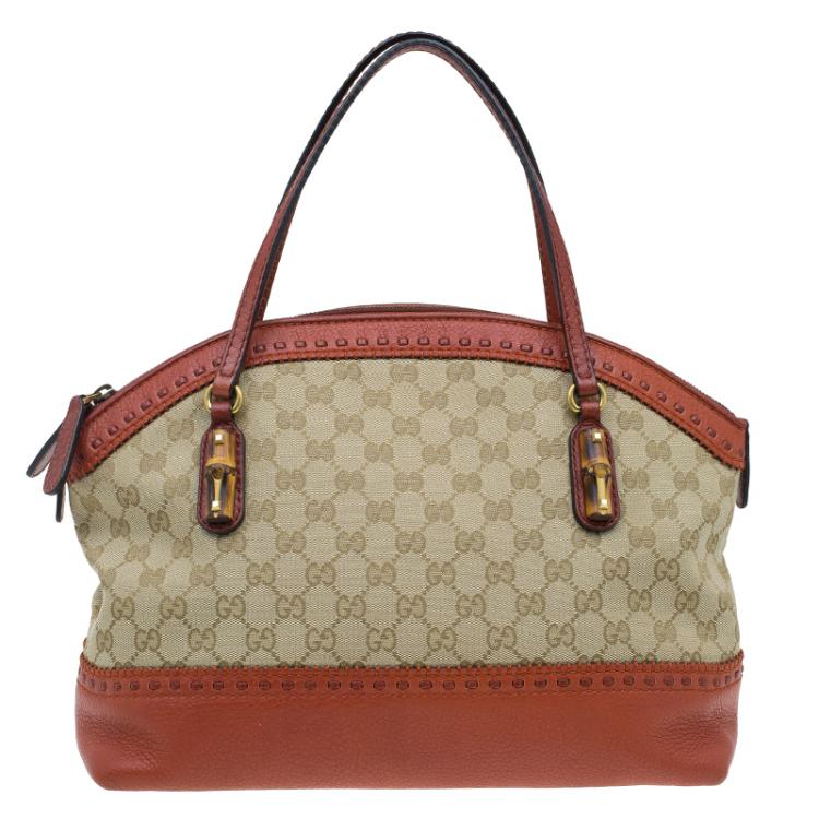 Pre Owned Gucci Beige/Orange GG Canvas and Leather Laidback Crafty Top Handle Bag