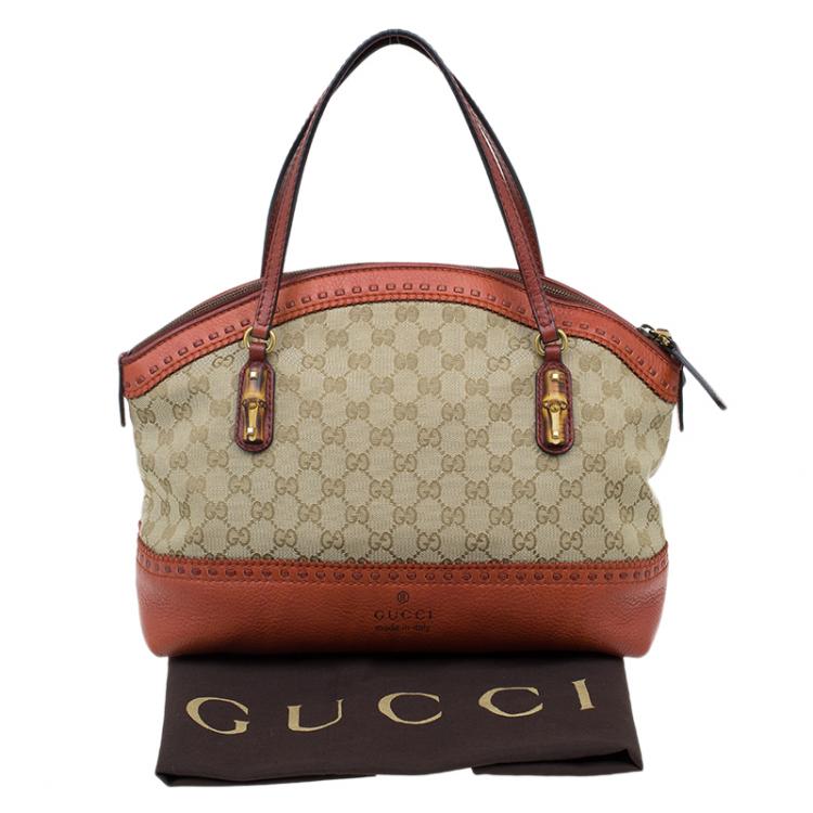 Pre Owned Gucci Beige/Orange GG Canvas and Leather Laidback Crafty Top Handle Bag