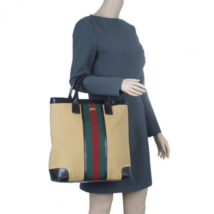 Pre Owned Gucci Beige Canvas and Leather Vertical Web Tote