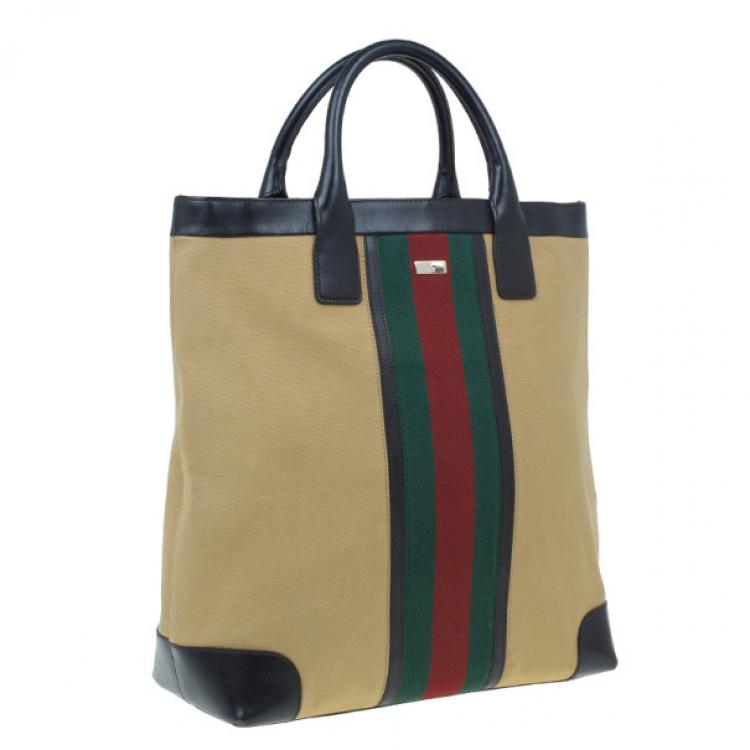 Pre Owned Gucci Beige Canvas and Leather Vertical Web Tote