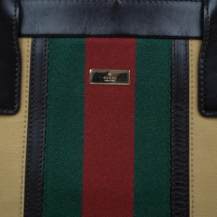Pre Owned Gucci Beige Canvas and Leather Vertical Web Tote