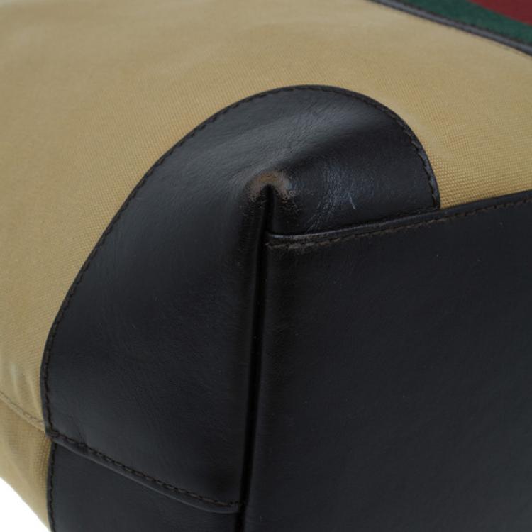 Pre Owned Gucci Beige Canvas and Leather Vertical Web Tote