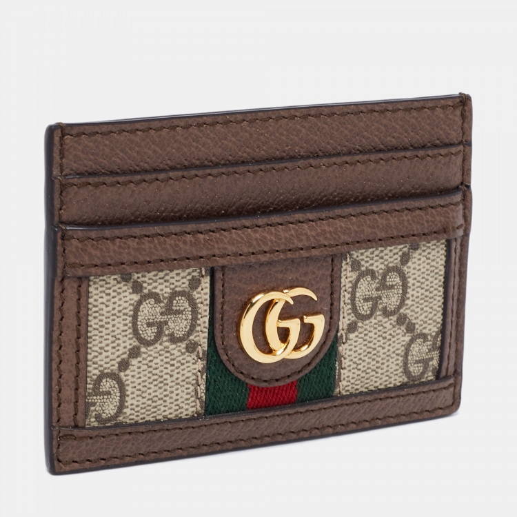 Pre Owned Gucci Beige/Brown GG Supreme Canvas And Leather Ophidia Card Case