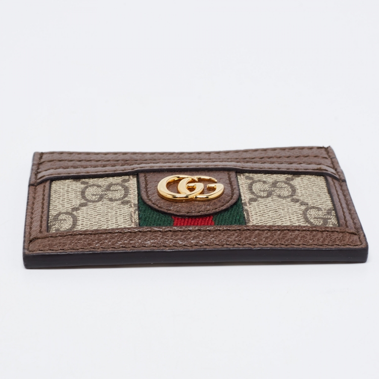 Pre Owned Gucci Beige/Brown GG Supreme Canvas And Leather Ophidia Card Case
