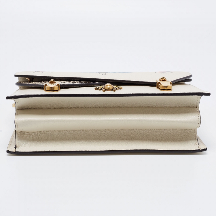 مملوكة مسبقًا Gucci Cream Leather and Snakeskin Small Ottilia Bee Printed Bamboo Top Handle Bag