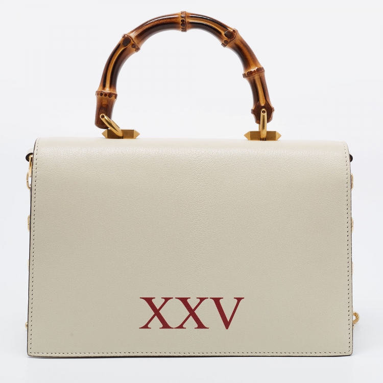 مملوكة مسبقًا Gucci Cream Leather and Snakeskin Small Ottilia Bee Printed Bamboo Top Handle Bag